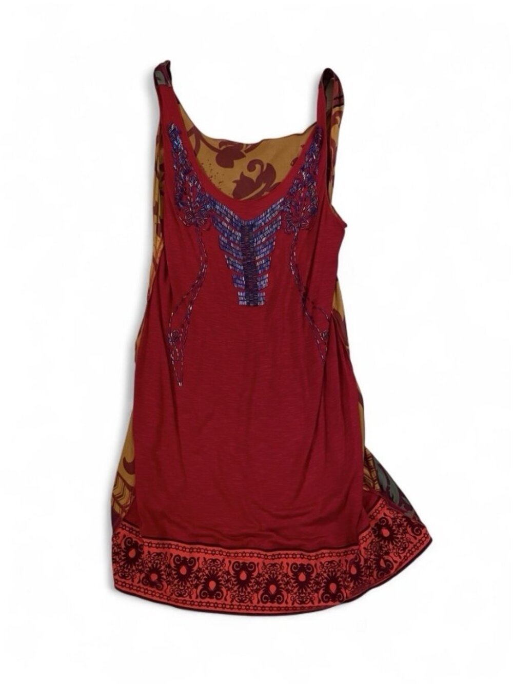 Vintage Beaded Dress Silk Blend Red Mixed Media Rare Deadstock Boho Beads, L